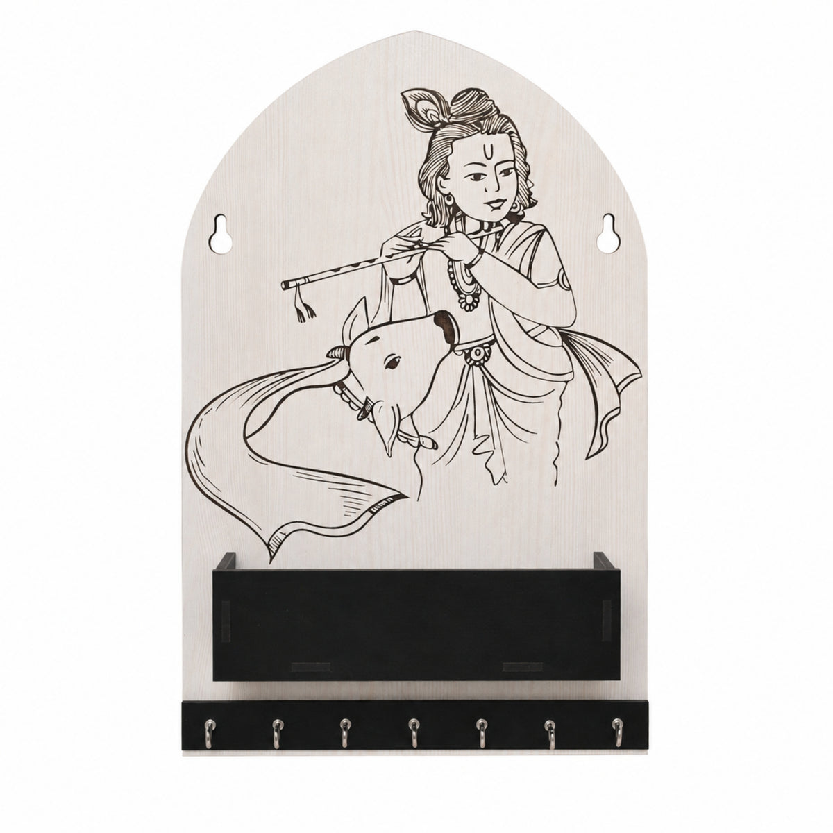 White Krishna & Cow Wooden Key Hanger with Shelf – 7 Hooks