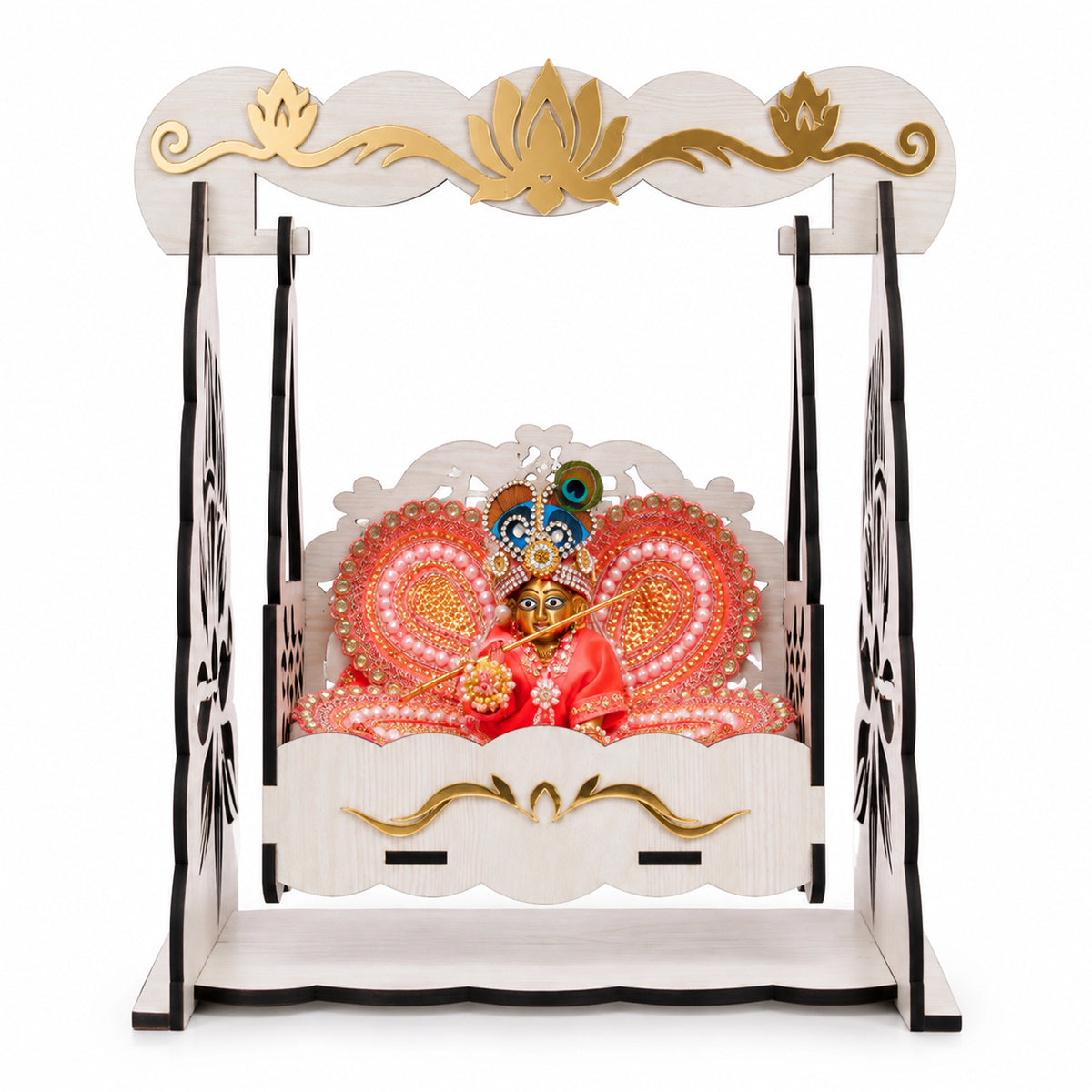 White Wooden Laddu Gopal Jhula with Gold Lotus Design | Venlay Wood