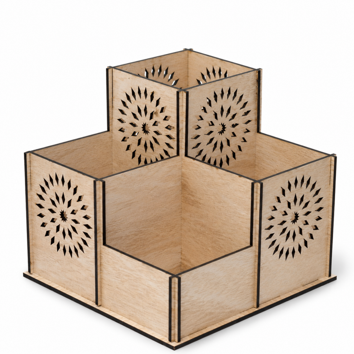 Natural Light Brown Wooden Pen Holder with 4 Compartments