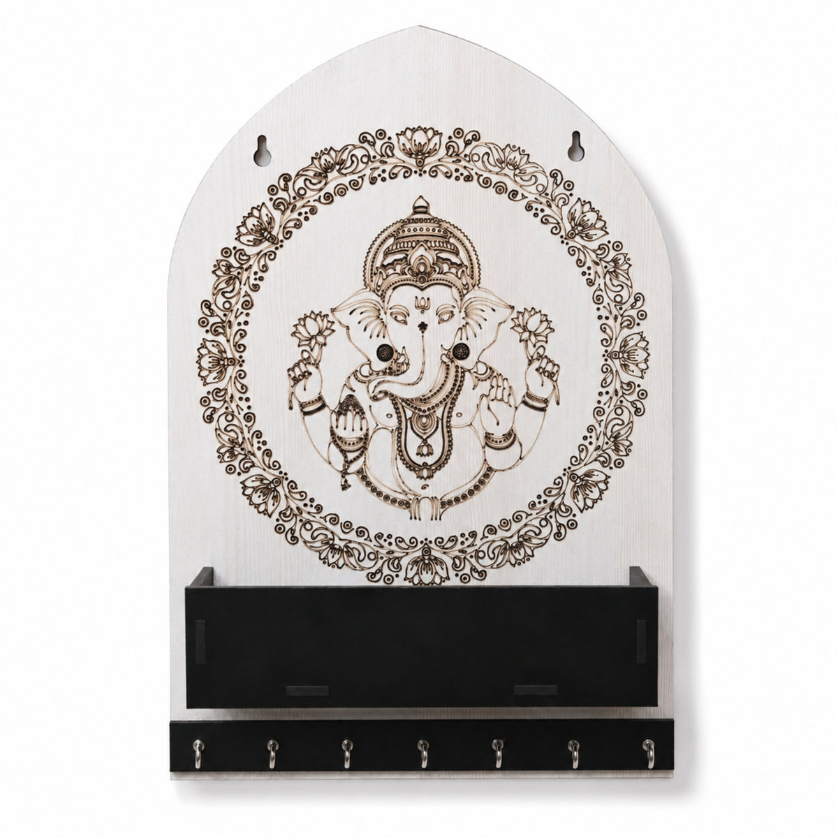 White Ganesha Wooden Key Hanger with Shelf – 7 Hooks