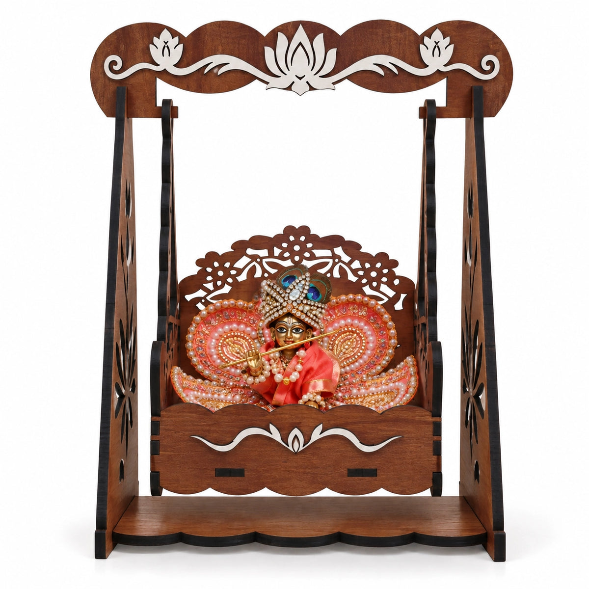 Brown Wooden Laddu Gopal Jhula with White Lotus Design | Venlay Wood