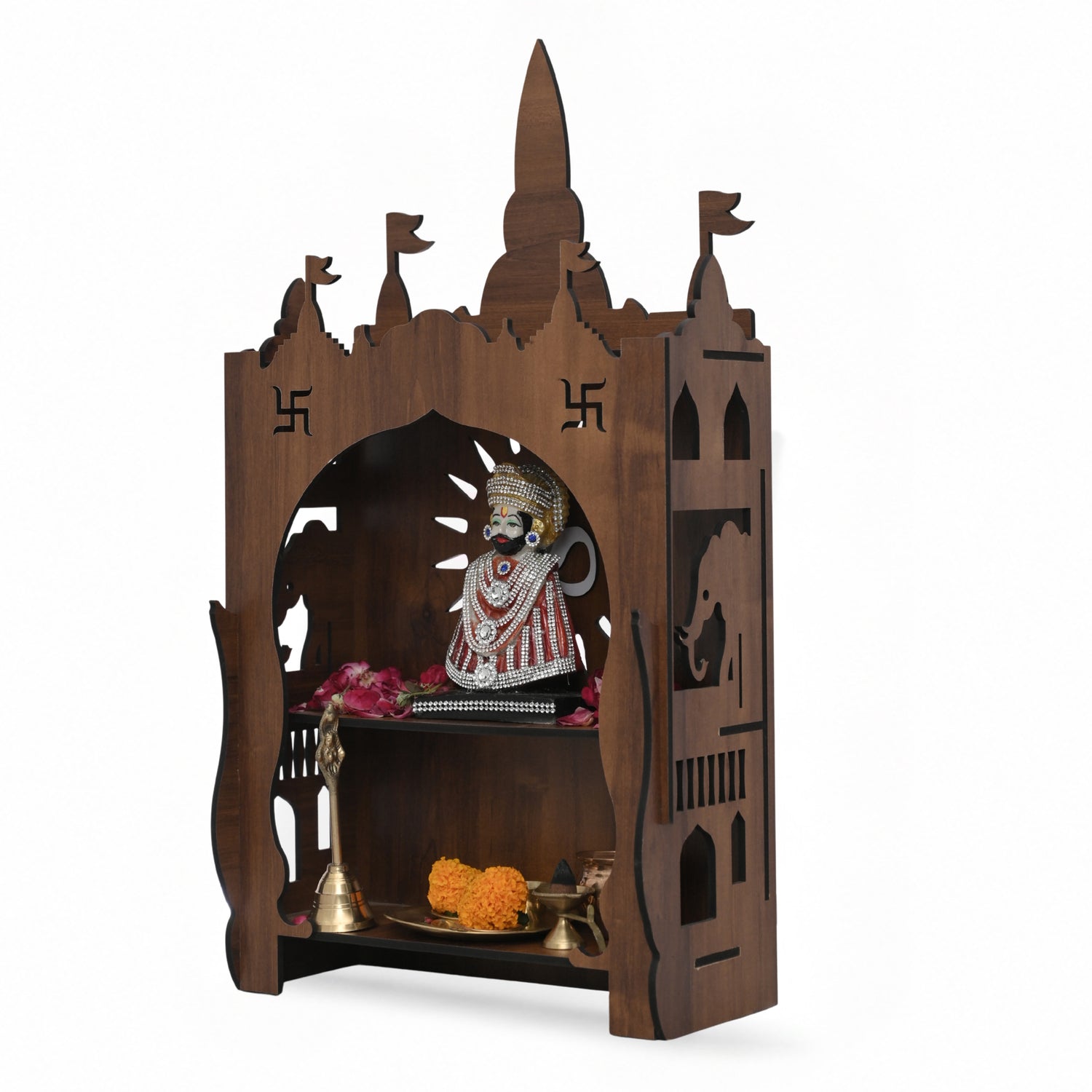 Premium Wooden Home Mandir with Traditional Shikhar Dome | Brown Pooja Temple for Home | African Cherry Finish | Venlay Wood