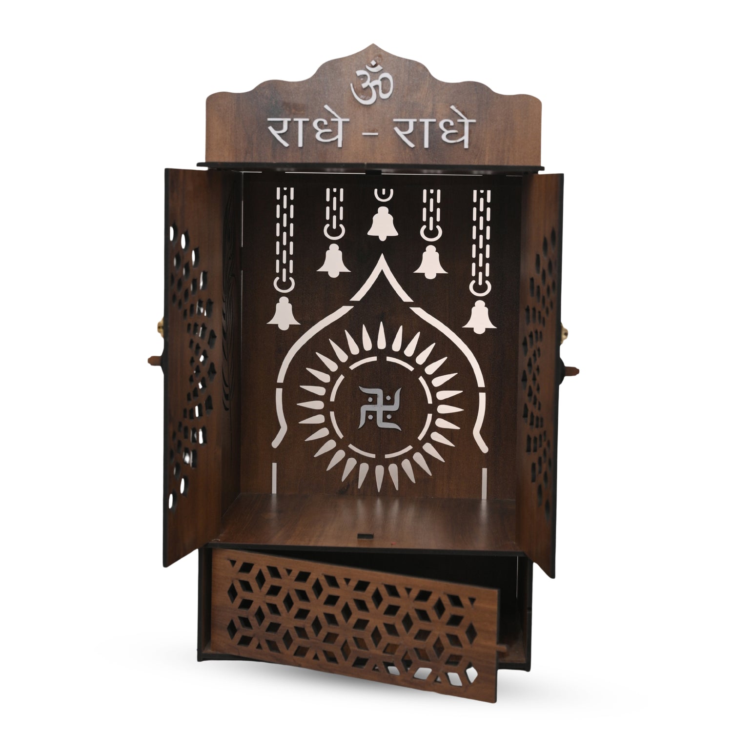 Premium Wooden Home Mandir with Openable Doors & Storage Drawer | Brown Wall Temple for Home | African Cherry Finish | Venlay Wood