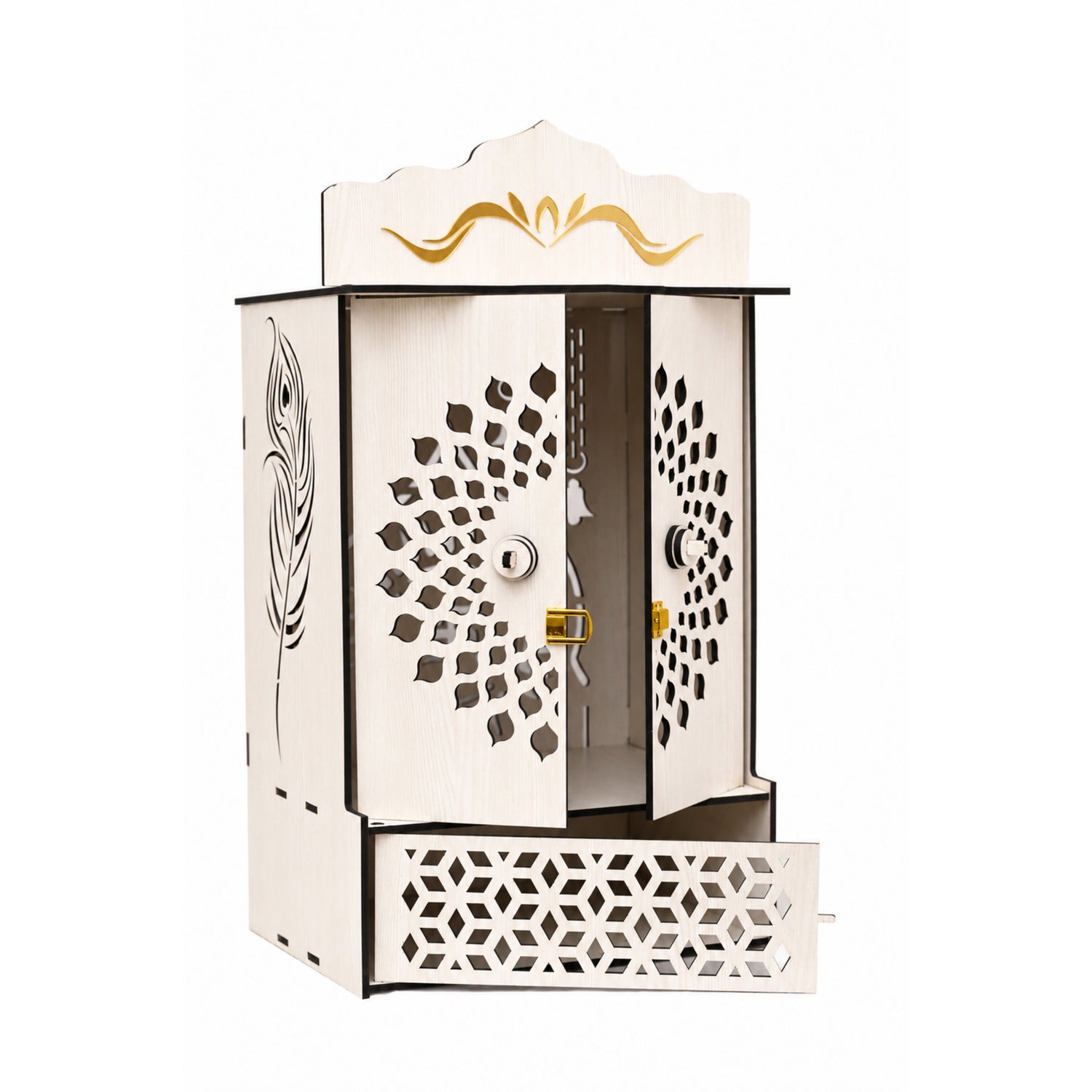 Premium Wooden Home Mandir with Openable Doors & Storage Drawer | Wall Mounted Pooja Temple | White Finish | Venlay Wood