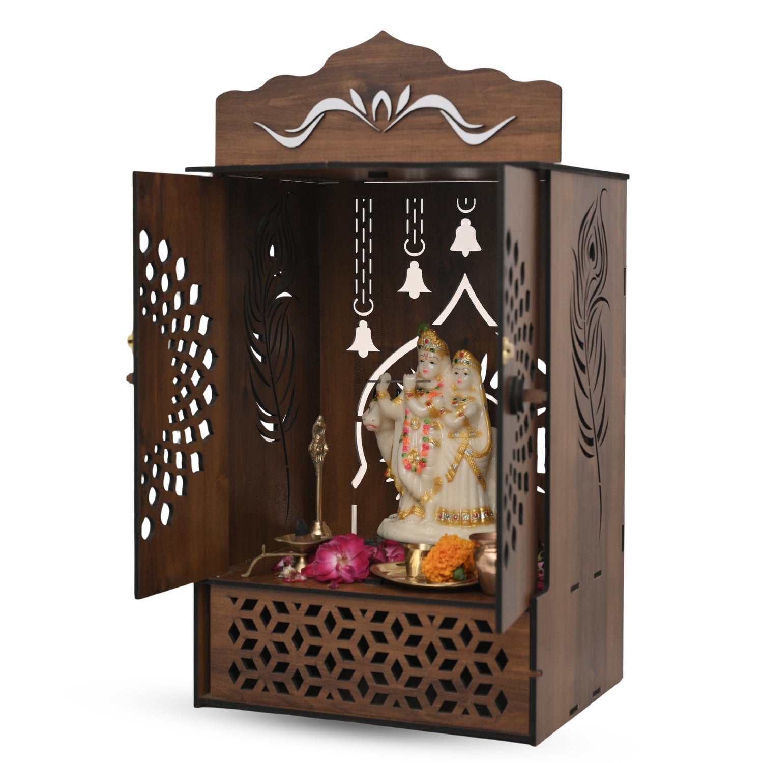 Premium Wooden Home Mandir with Openable Doors & Storage Drawer | Brown Wall Temple for Home | African Cherry Finish | Venlay Wood