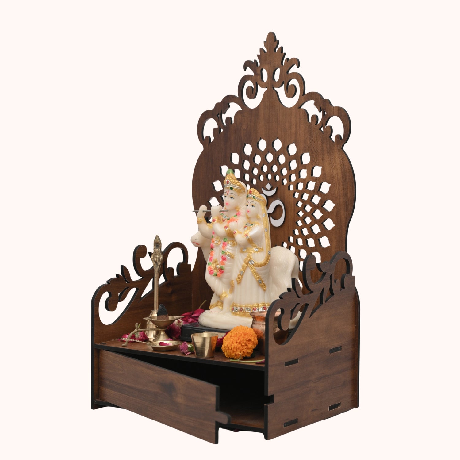 Premium Wooden Temple for Home with Storage Drawer | Brown Pooja Mandir with Drawer | African Cherry Finish | Venlay Wood