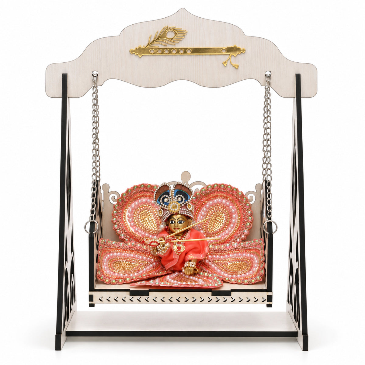 White Wooden Laddu Gopal Jhula with Gold Flute Design | Venlay Wood