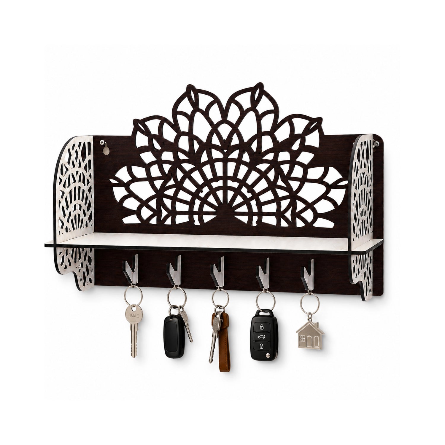 Handcrafted Wooden Key Holder with Shelf for Wall | Decorative Wall Mounted Key Hanger with 5 Hooks | Brown & White Key Rack by Venlay Wood
