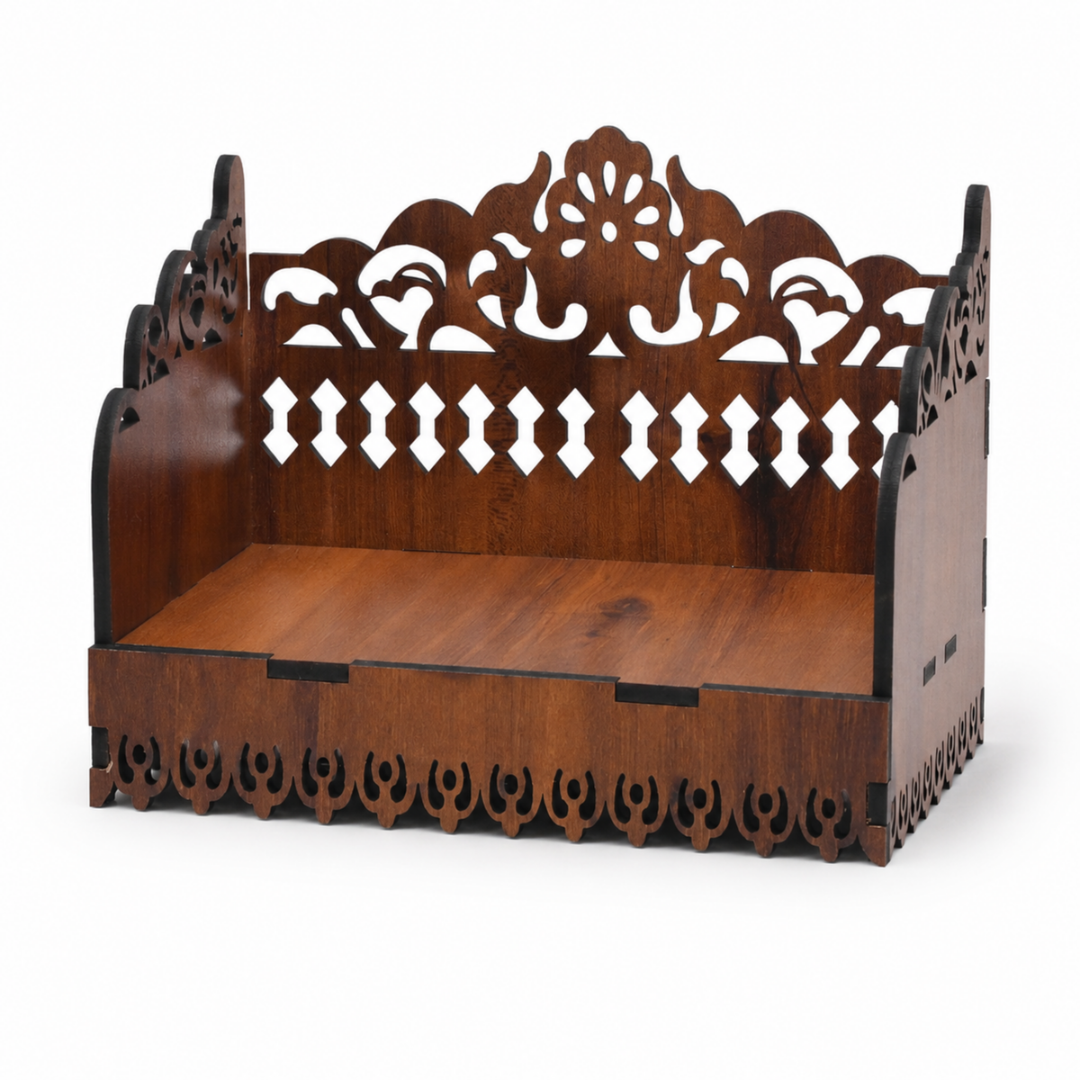 Brown Laddu Gopal Wooden Singhasan with Floral Cutwork