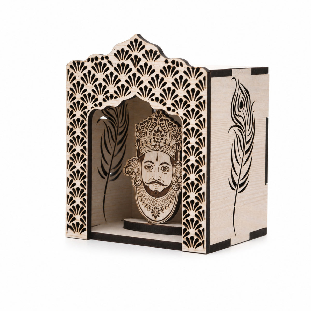 White Khatu Shyam Ji Wooden Mini Temple with Peacock Feather Design
