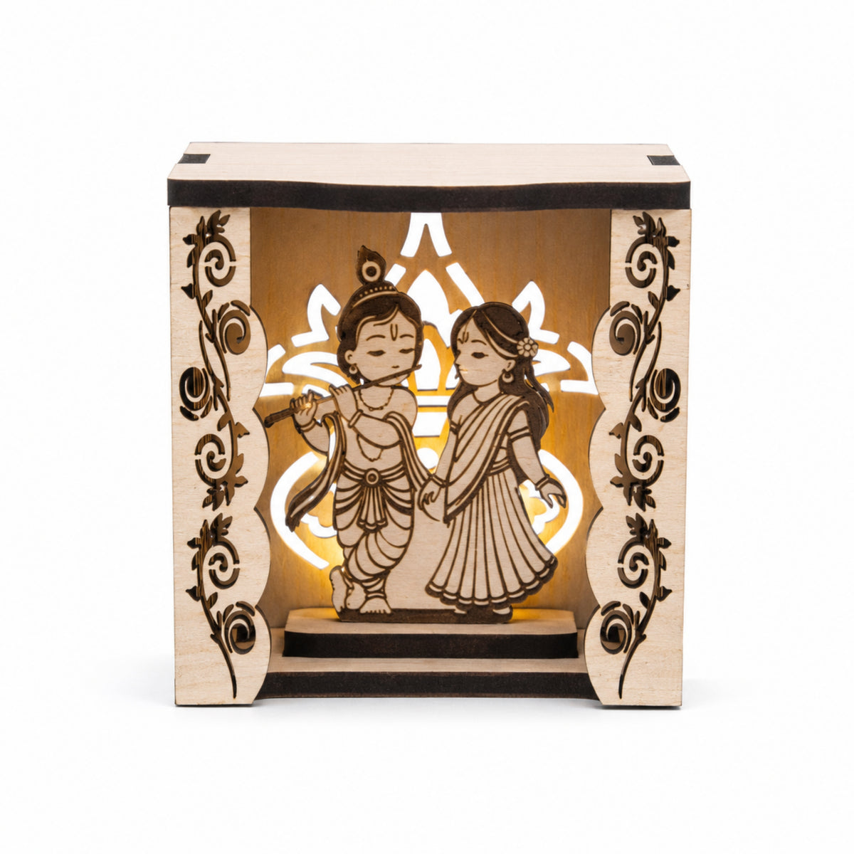 White Radha Krishna Wooden Mini Temple with Floral Cutwork