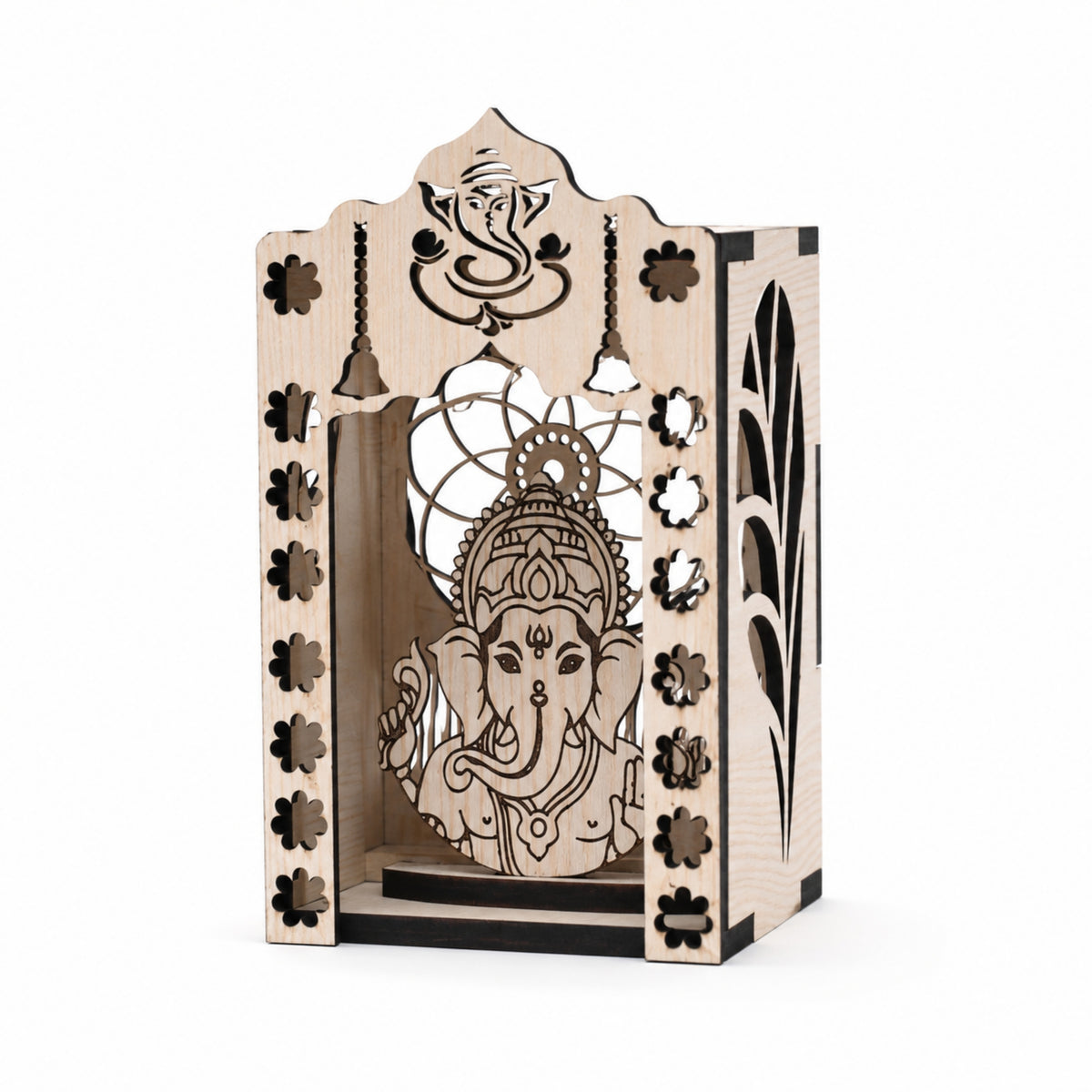 White Ganesha Wooden Mini Temple with Floral Arch & Leaf Cutwork
