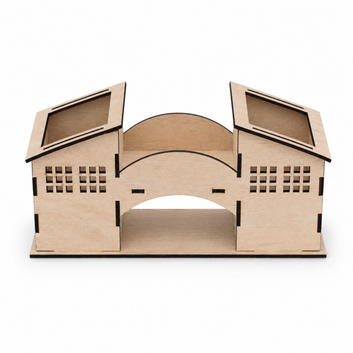 Natural Light Brown Wooden Pen Holder with 3 Storage Sections