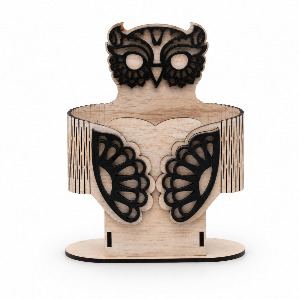 Natural Light Brown & Black Wooden Owl Pen Holder