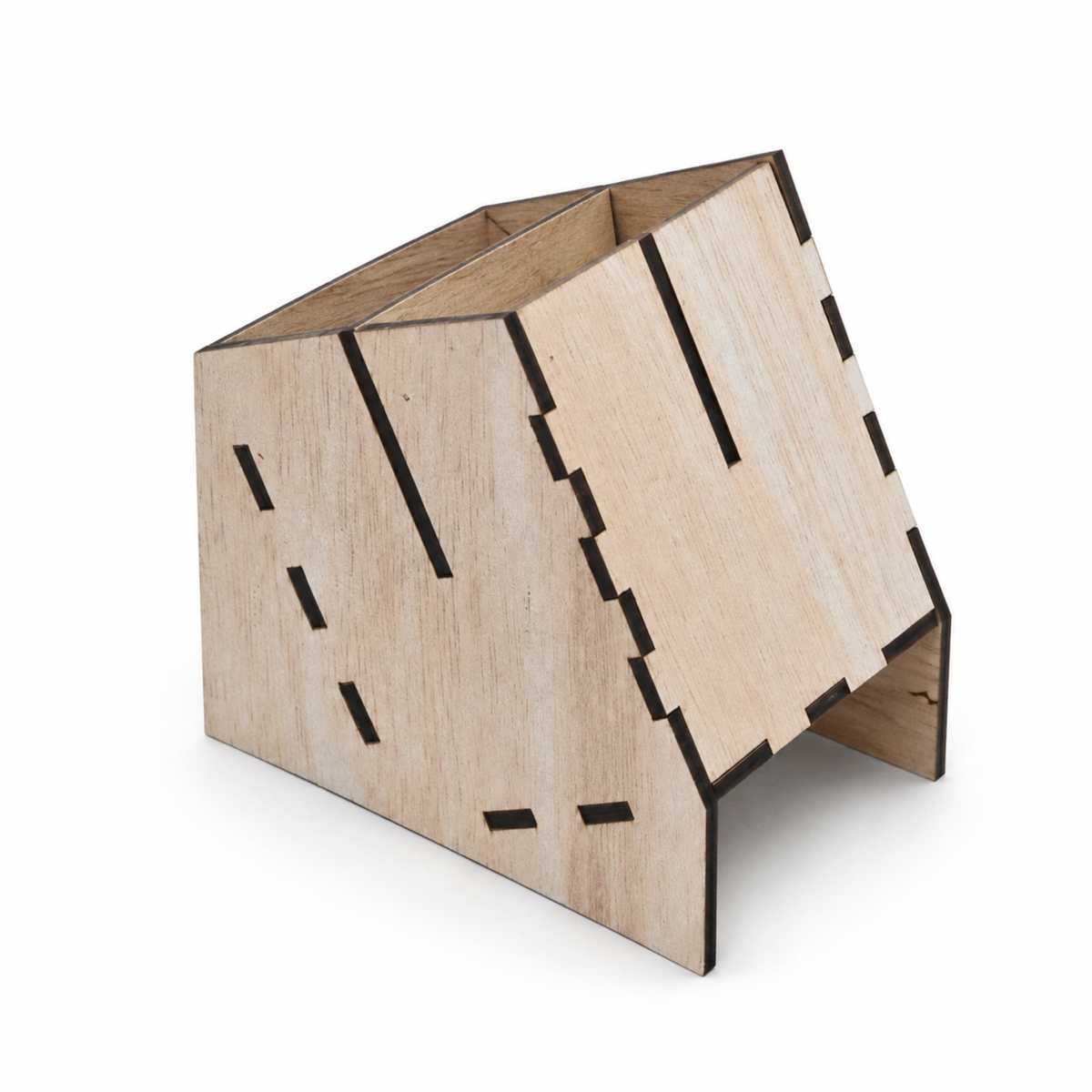 Natural Light Brown Wooden Slanted Pen Holder with 4 Compartments