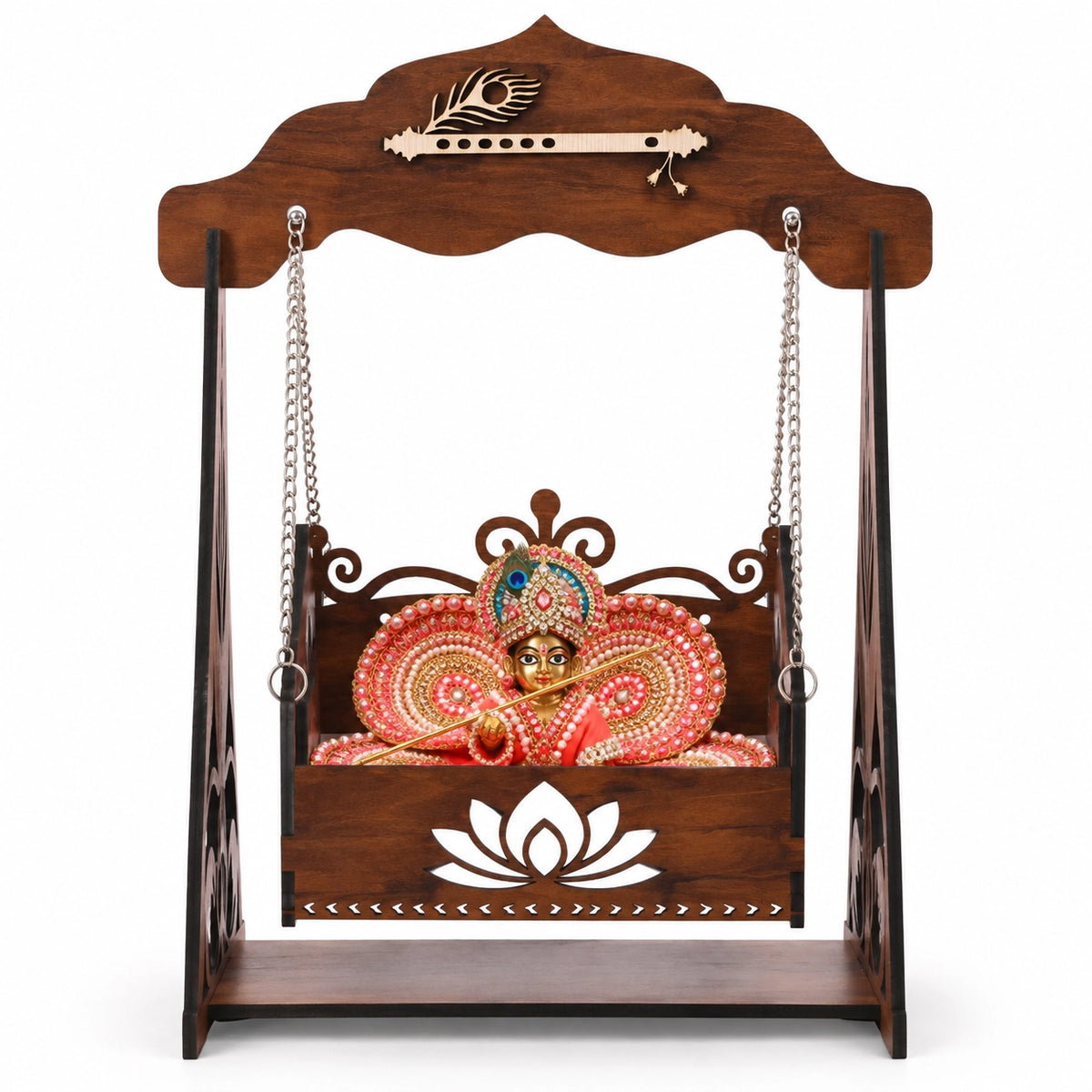 Brown Wooden Laddu Gopal Jhula with Lotus Design | Venlay Wood