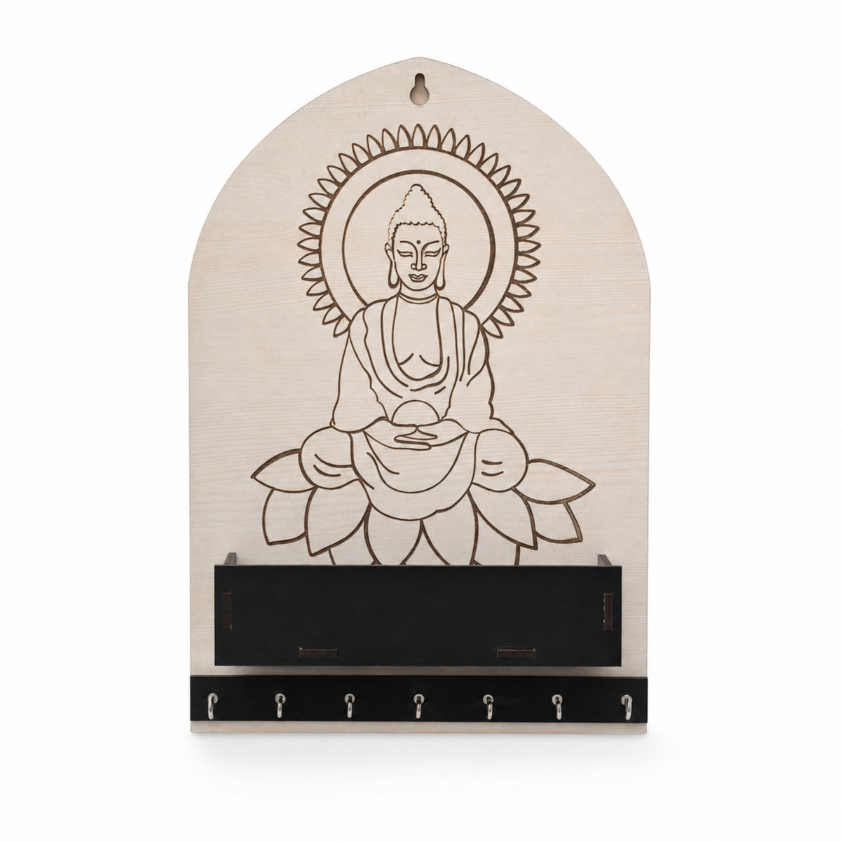 White Buddha Key Holder with Shelf & 7 Hooks | Venlay Wood