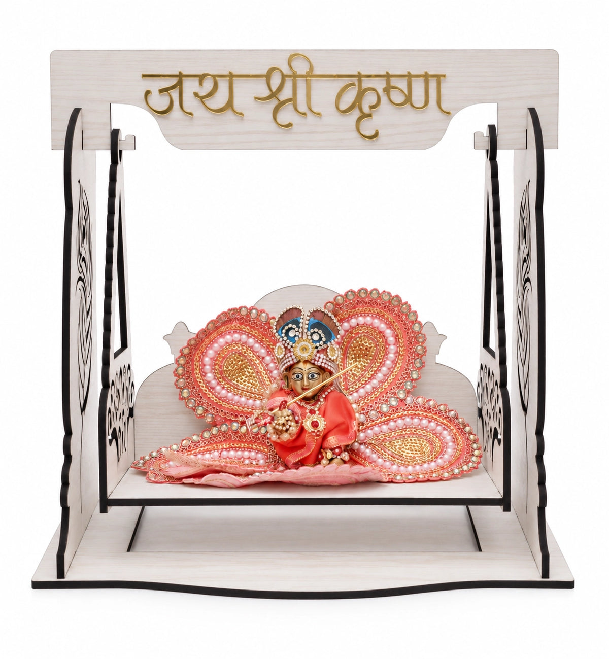 White Laddu Gopal Jhula with Jai Shree Krishna Design | Venlay Wood