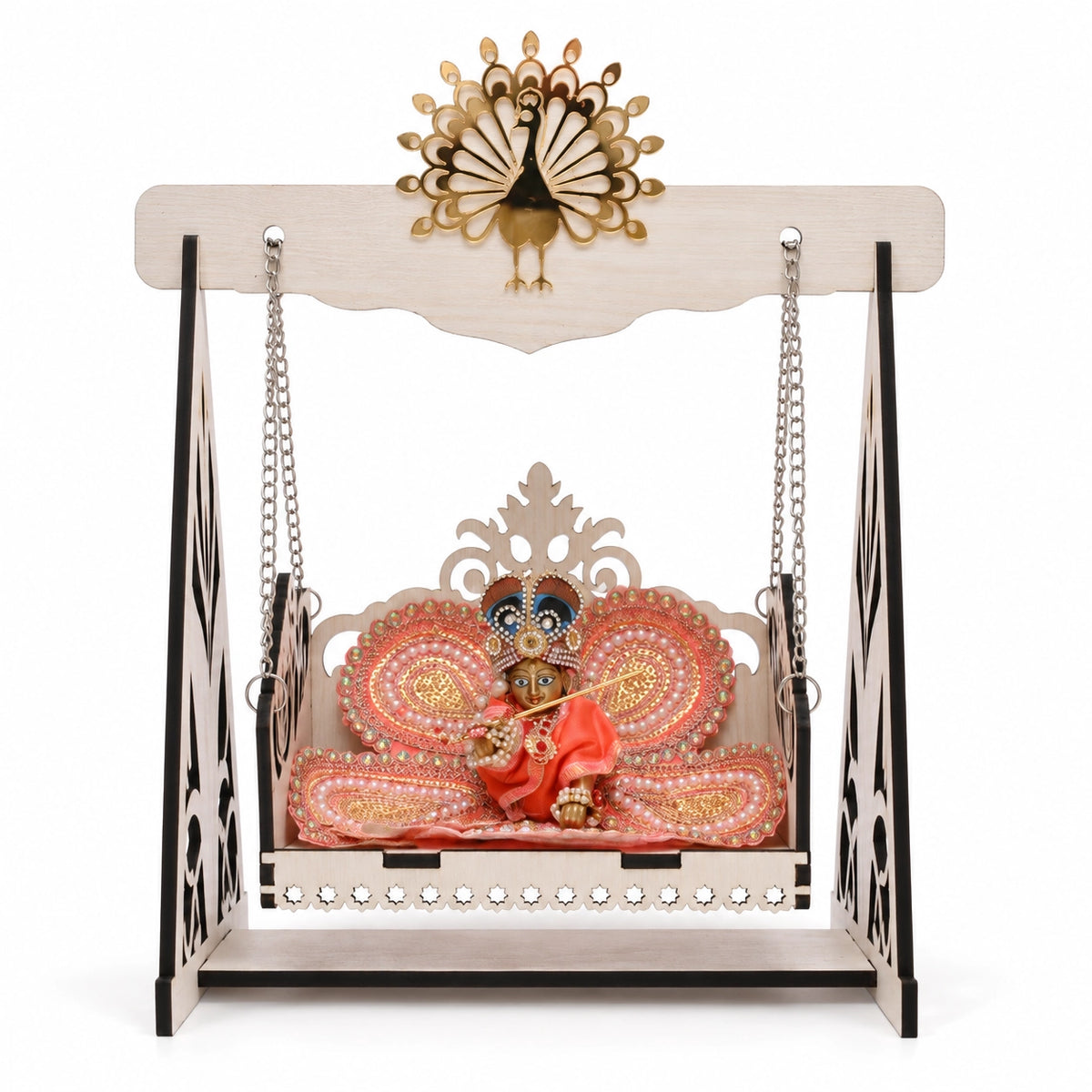 White Wooden Laddu Gopal Jhula with Gold Peacock | Venlay Wood