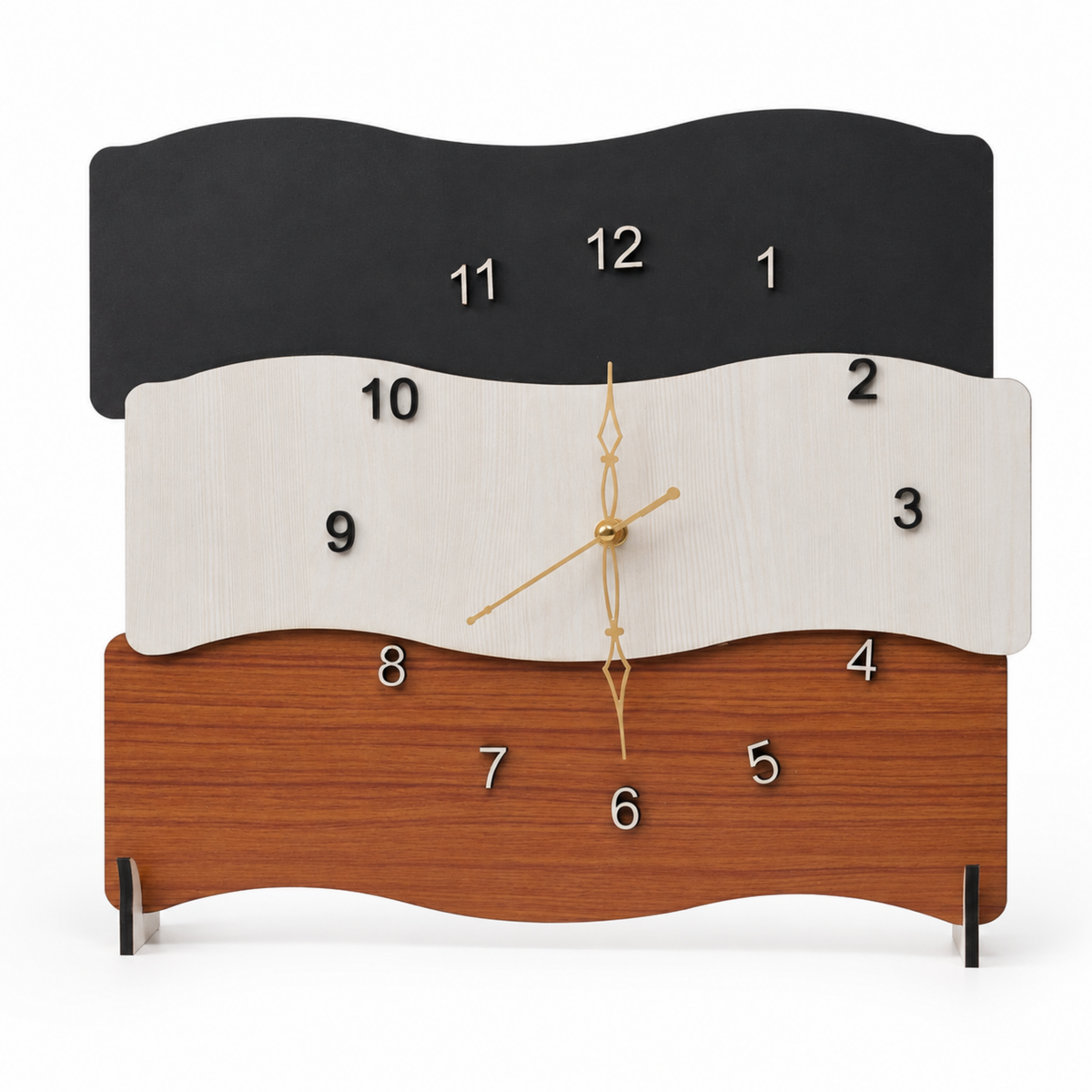 Layered Wave Clock in White, Black & Brown with Gold-Tone Hands